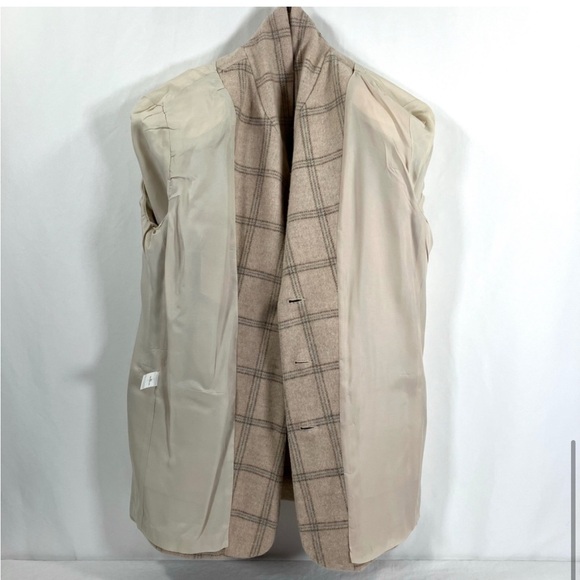 Vintage LANDSEND Womens Blazer Tan Plaid 100% Wool Button Front Cream Tan Blue - Picture 8 of 10